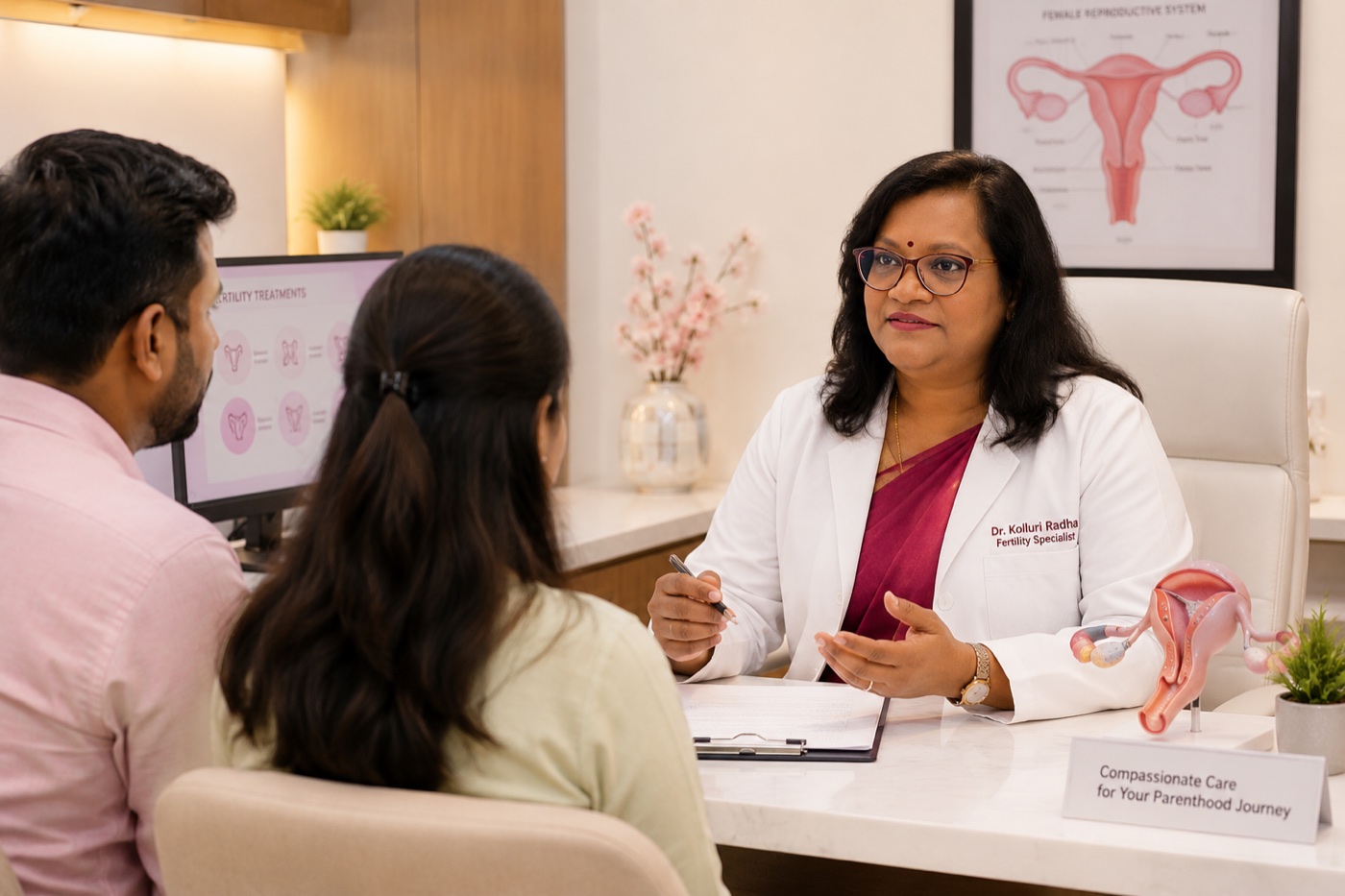 Dr. Kolluri Radha speaking with a couple during a fertility consultation